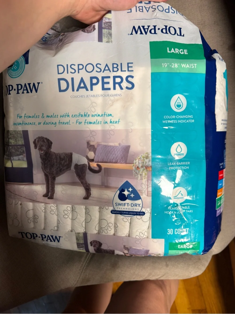 Top Paw Large Disposable Dog Diapers - White with Teal and Blue Accents